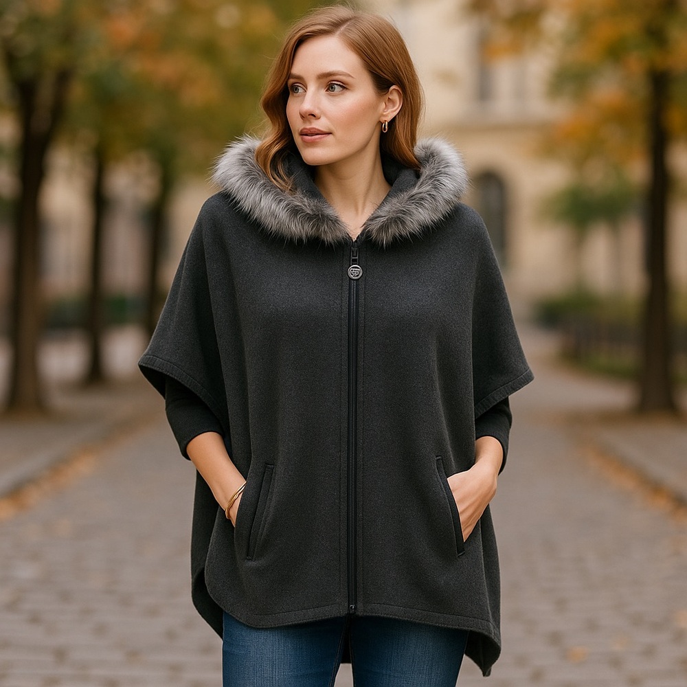 Anne‎ Klein Charcoal Hooded Faux Fur Trim Poncho Cape One Size